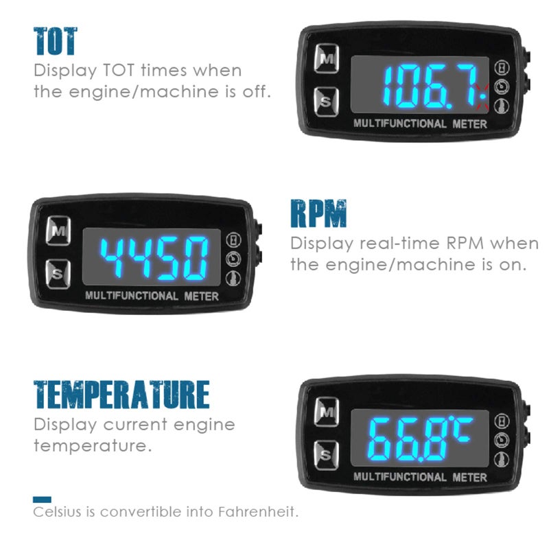 Runleader RL-HM035LT DC12V LED Engine Temp Gauge, Maintenance Hours Tachometer for Gasoline Engine Powered Equipments. - Image 2